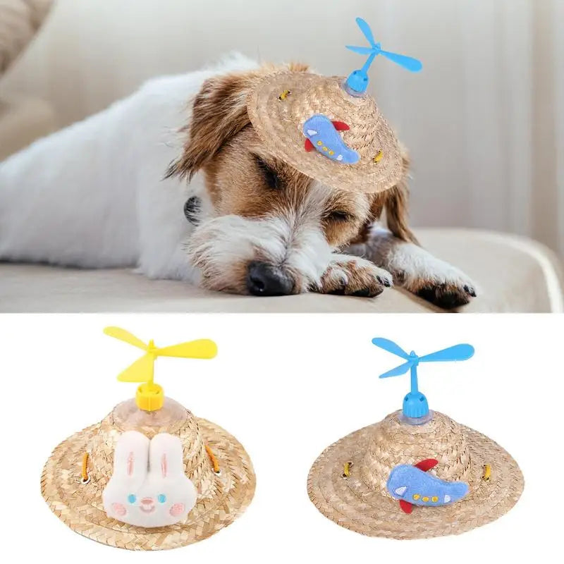 Hats for Cats Cute Woven Caps with Propeller for Dogs Puppy Sun Bucket Caps Small Dog Sombrero Hat Mexican Party Photo Prop