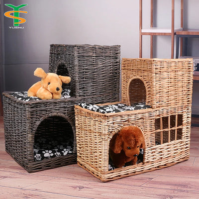 Pet basket willow weaving, willow weaving cute pet nest double-layer pet basket handmade four-season universal kennel cat litter