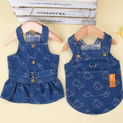 Dog Denim Dress for Small Dogs, Dark Wash Jeans Vest Tutu Skirts with Leash D-ring,Summer Clothes Yorkie Chihuahua Pet Apparel