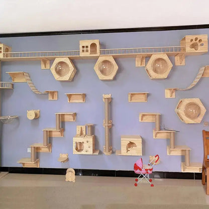 Wall Mounted Cat Tree Cat Climbing Wooden Shelves Climbing Hammock Set Scratching Post and Ladder for Cats Playing and Sleeping