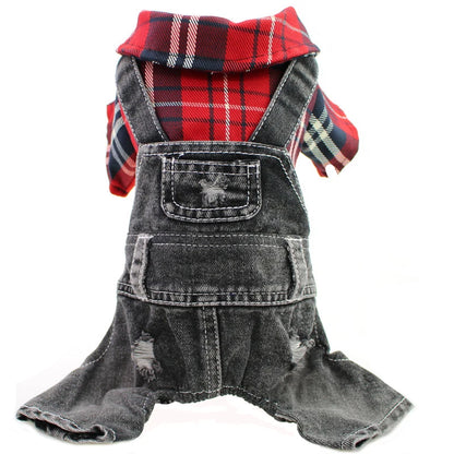 Black Dog Denim Jumpsuit Plaid Shirt Overalls for Dogs, Spring Clothes for Small Dogs Puppy Yorkie Jeans Jacket Pet Apparel