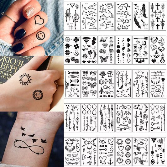 30pcs Waterproof Temporary Tattoo Sticker Black Small Pattern Feather Heart Bird Expression Body Art Arm Fake Tattoos Women Men