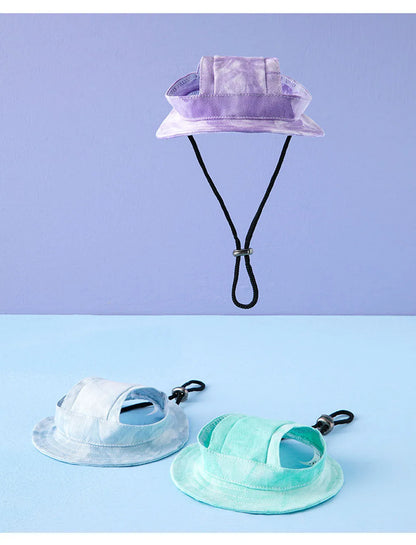 Adjustable Dog Hat Fashion Tie-dyed Pet Bucket Hats with Ear Holes Round Brim Dog Cap Outdoor Sun Bonnet Cat Cap Pet Accessories
