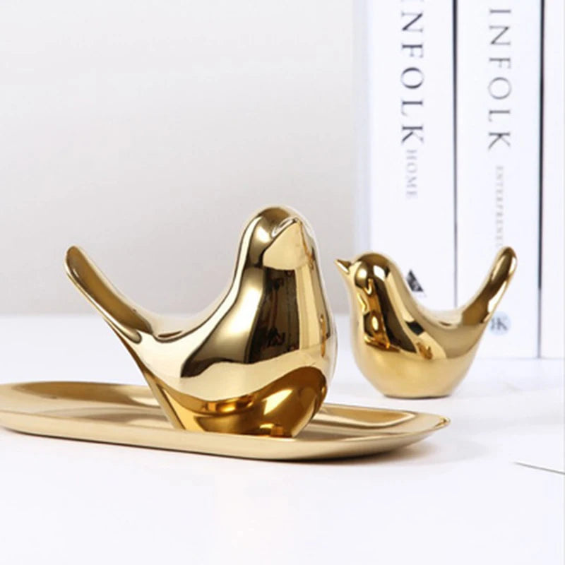 Gold Ceramic Bird Figurines Home Decoration Accessories Golden Bird Figures Fashion Wedding Ornaments Room Decor