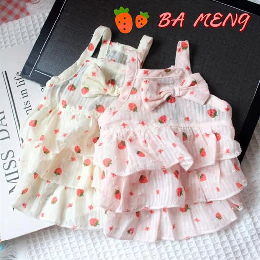 Light Pink Summer Fancy Dresses Strawberry Print Princess Bow Tie Tiered Skirt Vest Overalls Female New Puppy Clothing for Cats