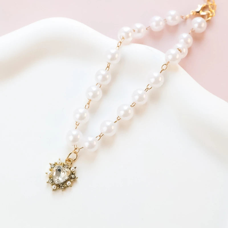 Pearl Chain Accessories for Cats Zircon Heart Pet Products Small Medium Puppy Neck Wear Wedding Birthday Gift Pet Dog Collar