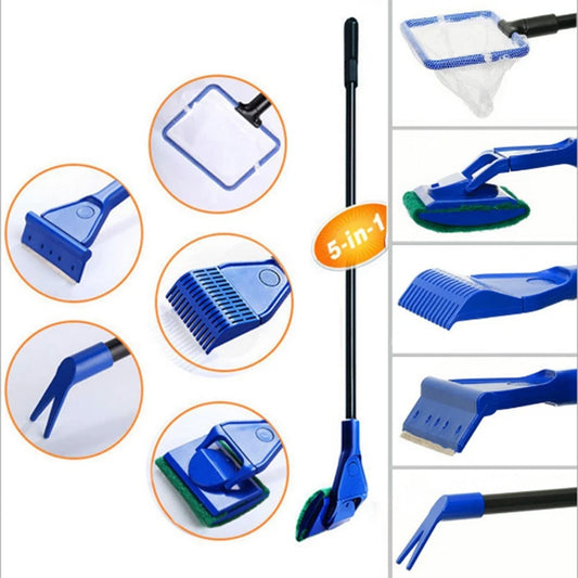 5 in 1 Aquarium Tank Cleaner Set Fish Net Gravel Rake Algae Scraper Fork Sponge Brush Glass Cleaner For Aquarium Cleaning Tools