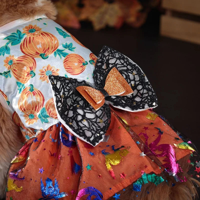 Halloween Dog Dress Pumpkin Pattern Bowknot Funny Skirt Chihuahua Bichon Dog Dresses Festival Puppy Costume Pet Cat Dog Clothes