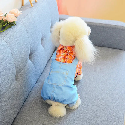 Dogs Clothes Jumpsuits Spring Autumn Denim Sling Plaid Pet T-Shirt Plaid Cat Dress Pet Puppy Skirt Teddy Puppy Clothes Small Dog
