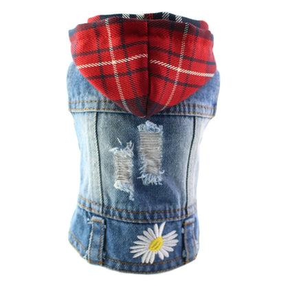 Sleeveless Denim Dog Jacket - Dark Wash, Puppy Hooded Jeans Coat Spring Summer Dog Clothes for Small Medium Dogs Bulldog Yorkie