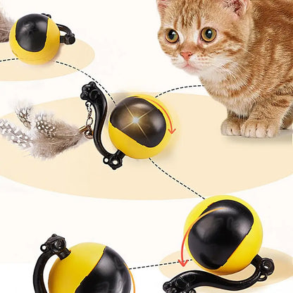 Smart Ball Cat Toy Cat Power Ball with Feather Tails Moving Cat Toy with LED Light and Sound Kitten Exercise Hunting Toys