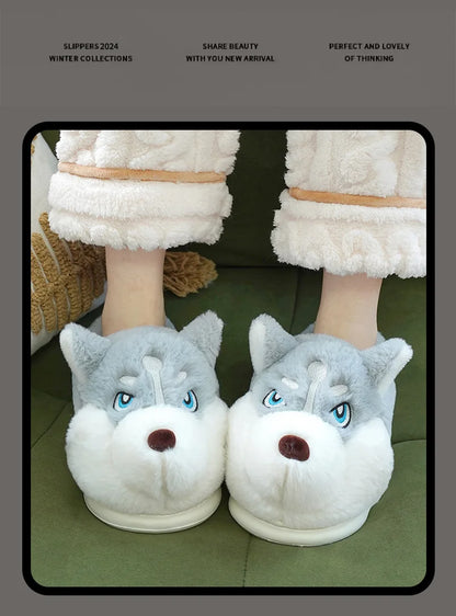 Winter Home Couple Shoes Women's Fluffy Dog Slippers Girl Animal Fur Slides Kawaii Funny Furry Shoes Woman Plush Booties Slipper