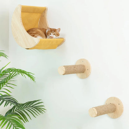 Wall Mounted Cat Shelves Wood Cat Lookout Climbing Shelf Kitten Wall Climbing Tree Furniture Four Step Stair Indoor Cat Hammock