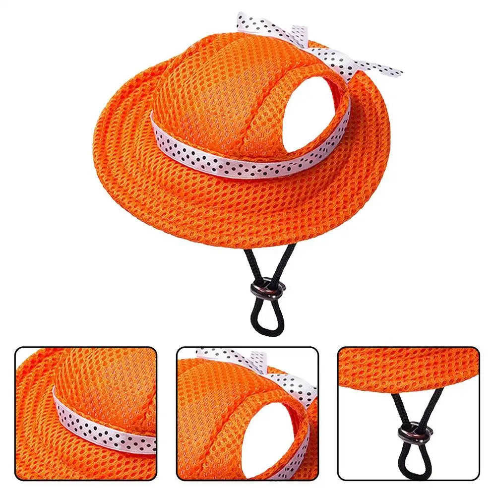 Breathable Dogs Sun Hats Round Brim Dog Visor Hat Outdoor Breathable Sun Protection With Ear Holes Mesh Sun With Adjustable Chin