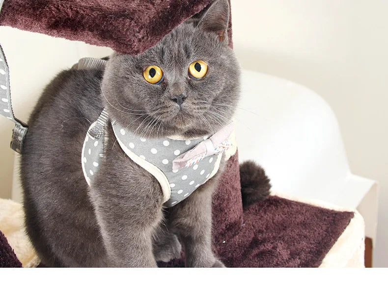 Dog Harness with Bow Plaid Cat Harness Adjustable Length Pet Harness with Dog Leash Four Colors Dog Harness and Leash Set