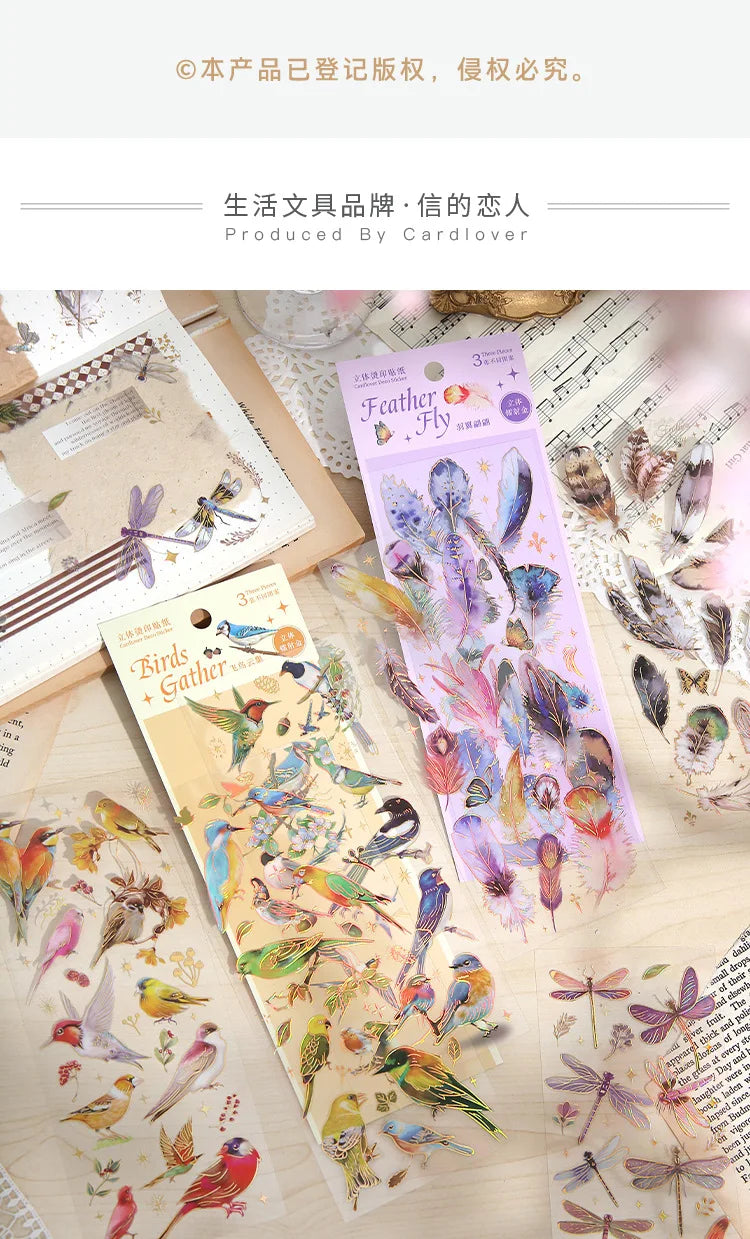 3pcs Kawaii Feather Dragonfly Bird Jellyfish Decorative Stickers Pack Scrapbooking Material Label Diary Phone Journal Planner