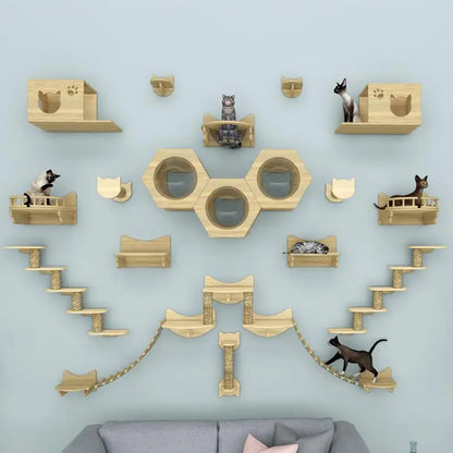Wall Mounted Cat Climbing Shelves Wooden Furniture Scratcher Jumping Platform Rope Ladder Cat Sleeping and Playing