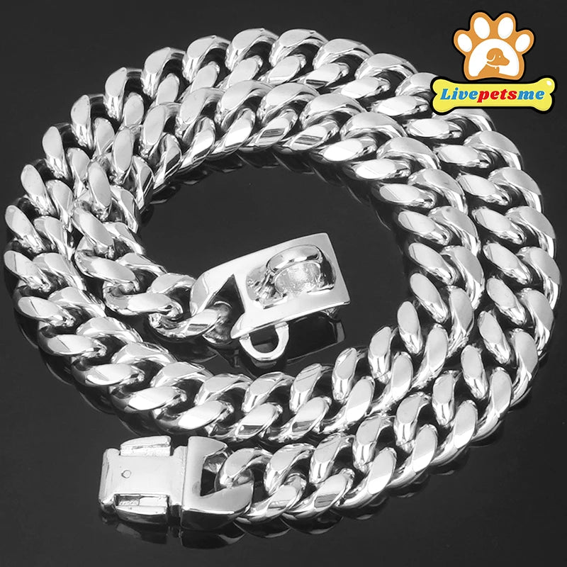 Strong Stainless Steel Dog Collar Choke with Safety Buckle Lock Golden Cuban Link Chain Metal Necklace Training Collar for Pets