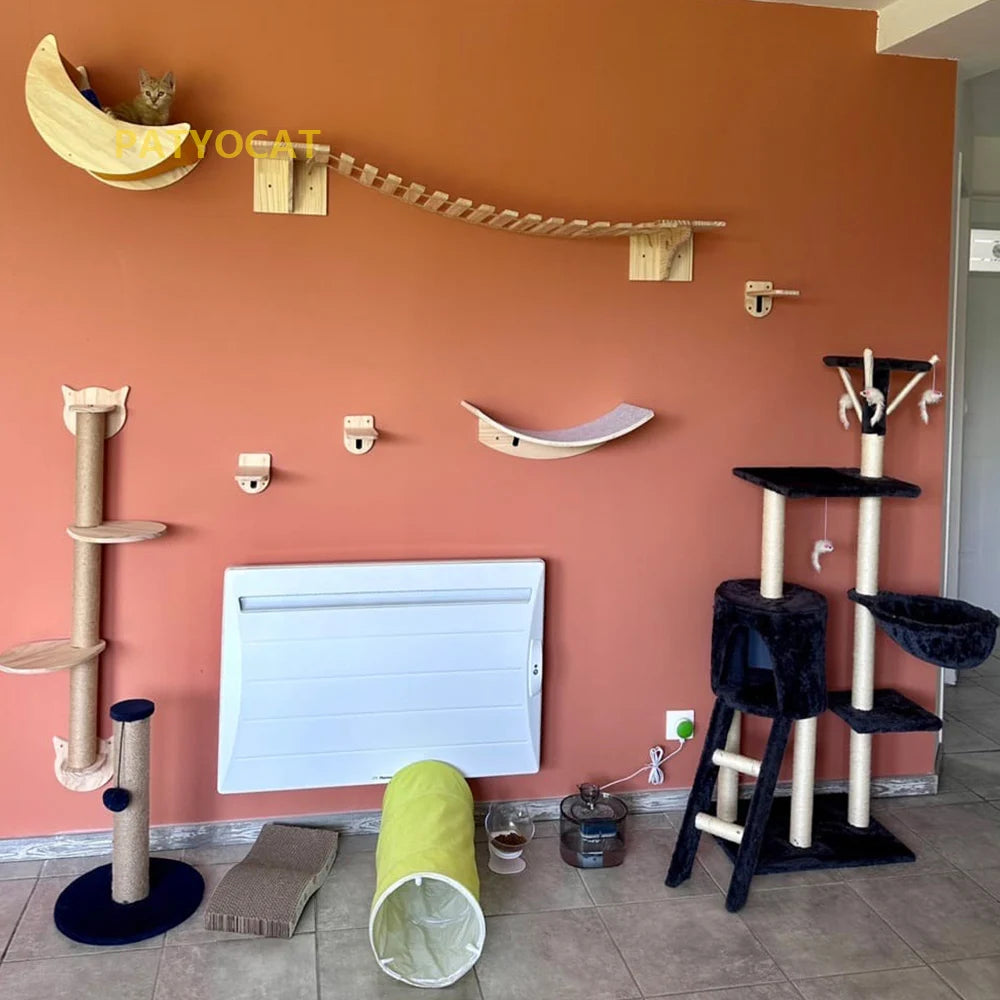 1 Piece Wall Mounted Cat Hammock and Jumping Platform with Ladder Stairway Wooden Cat Furniture for Kitten Sleeping and Playing