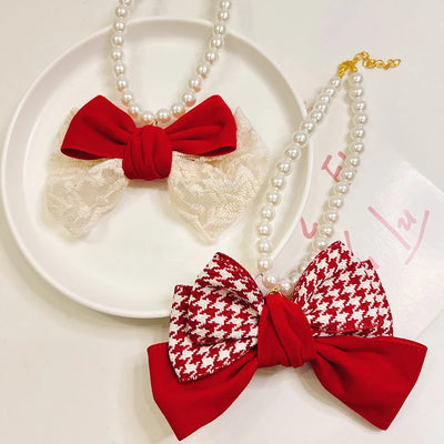 Pearl Chain Pet Dog Necklace Christmas Red Bow Tie Neck Accessories for Small Medium Puppy Romantic Lace Adjust Cat Accessories