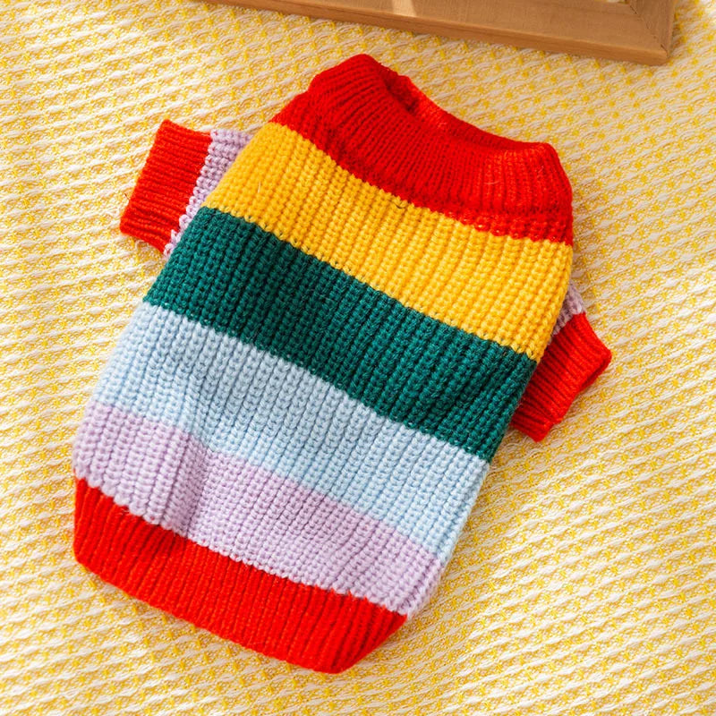 Winter Pet Warm Sweater Rainbow Striped Luxury Dog Clothes Pet Dog Coat Puppy Pullover Chihuahua Costume Cat Dog Knitted Coat