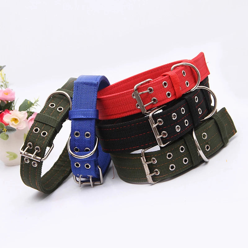 Heavy Duty Wide Military Thick Dog Collars for Large Dogs Adjustable Strong Nylon Tactical Pet Collar with 2-Rows Metal Buckle