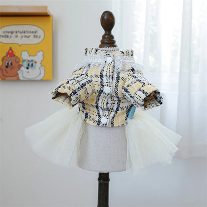 Yellow Ribbon Dresses for Dogs Sweet Dream Princess Autumn Pet Skirt French Bulldog Overalls Lattice Yellow Warm Cat Clothing