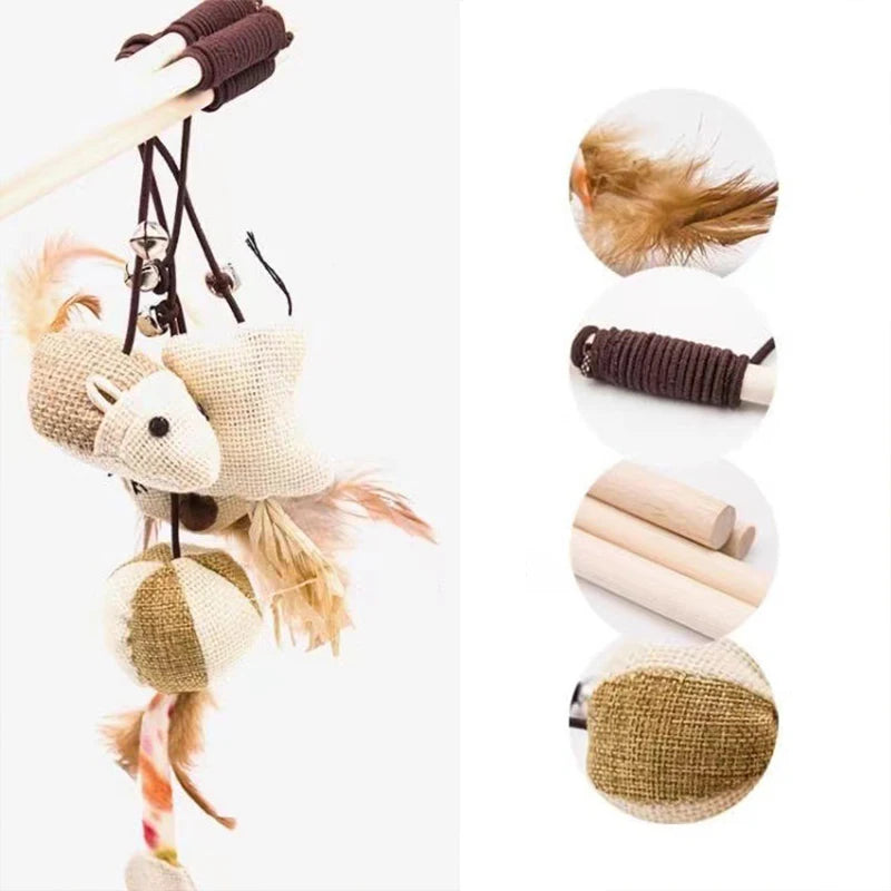 Cat Teaser Wand Toy Feather Butterfly Mouse Cat Fishing Rod Toys Wooden Interactive Kitten Toys For Indoor Cats Ball With Catnip