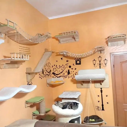 Cat Tree Climbing Shelves Wall Mounted Cat Furniture 50cm&100cm Cat Bridge Hammock Set with Ladders Scratching Posts Platform