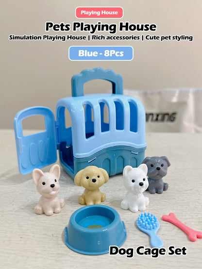 8pcs/set Cute Dog Pet Basket Family Toys Dog Doll Set Dog Cage Toys Scene Playing Toys Christmas Decoration Gifts