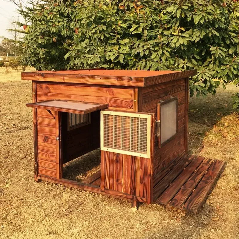 Large new solid wood kennel outdoor waterproof dog house with mat and cold-proof pet dog cage carbonized golden retriever woo
