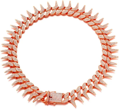13mm Bling Diamond Chain Dog Cat Collar with Spiked Rivet Design, Luxury Gold Cuban Link Dog Collar for Small Medium Large Dogs