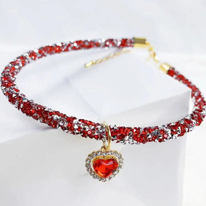 Soft Puppy Cat Collar with Heart Diamond Pendant Adjustable Luxury Reflective Bling Rhinestone Collar Crystal for Cats Small Dog