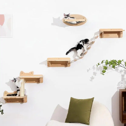Wall Mounted Cat Shelves Scratching Post for Cat Jumping Platform and Cat Hammock Rope Ladder Wall Wooden Furniture
