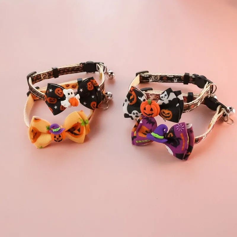 Bow Knot Halloween Pet Dog Collar Pumpkin Witch Hat Adjustable Neck Accessories for Cats Safety Buckle Decorate Pet Necklace