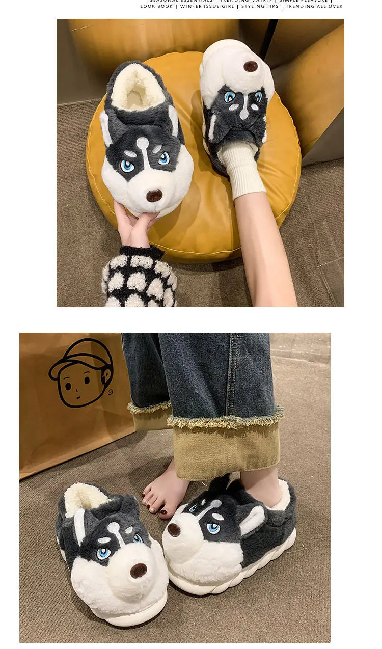 Winter Home Couple Shoes Women's Fluffy Dog Slippers Girl Animal Fur Slides Kawaii Funny Furry Shoes Woman Plush Booties Slipper