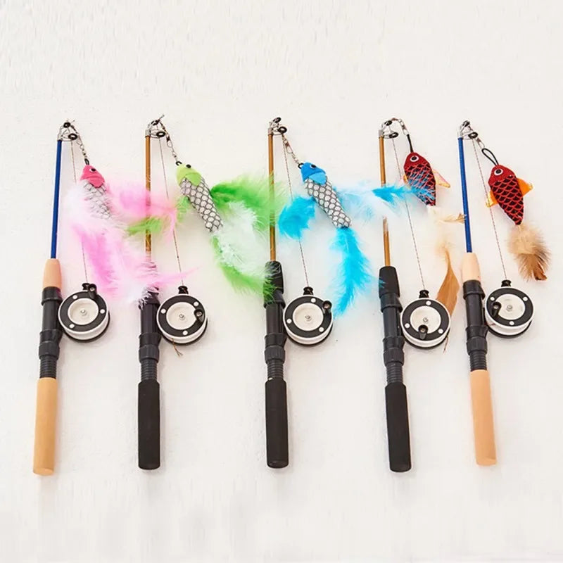 Retractable Cat Toy Fish Type Telescopic Feathers Funny Cat Stick Toys Pet Toy for Kitten Cat Rods Simulation Fishing Rod