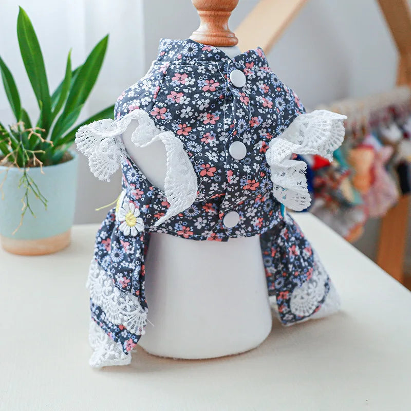 Floral Summer Clothes for Small Dogs Short Sleeve Lace Pink Sphinx Cat Dresses Princess Party Wear Breathable Pet Clothing