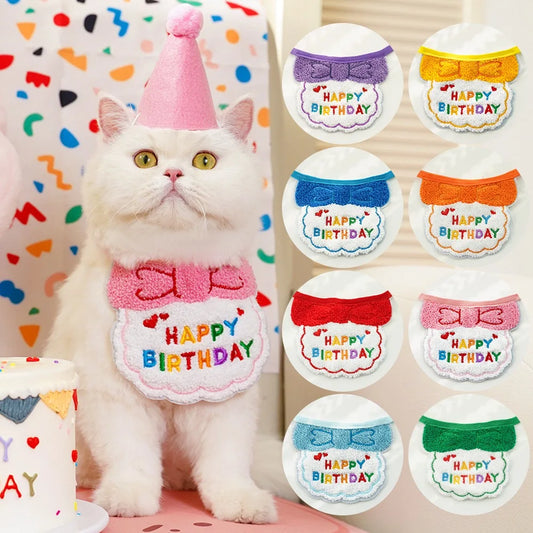 Lightweight Polyester Pet Cat Collars Birthday Decorate Puppy Chihuahua Saliva Necklace Cap Lace Up Adjustable Kitten Bandana