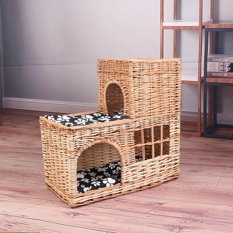 Pet basket willow weaving, willow weaving cute pet nest double-layer pet basket handmade four-season universal kennel cat litter