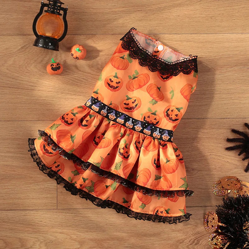 Halloween Dog Dress Pumpkin Pattern Bowknot Funny Skirt Chihuahua Bichon Dog Dresses Festival Puppy Costume Pet Cat Dog Clothes