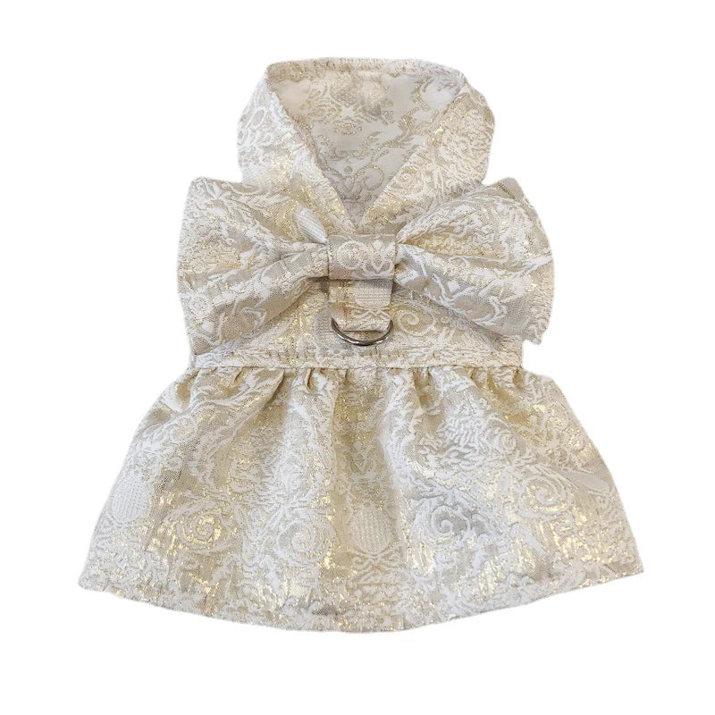 Luxury Embroidery Tulle Dog Dress for Small Medium Dogs Cats, Gold Pet Dress with Bowknot Chihuahua Pomeranian Summer Clothes