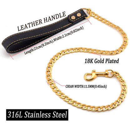304 Stainless Steel Dog Chain Collar and Leash, Super Strong, Metal Necklace, Choke, Silver, Gold, Adjustable Pet Lead Rope