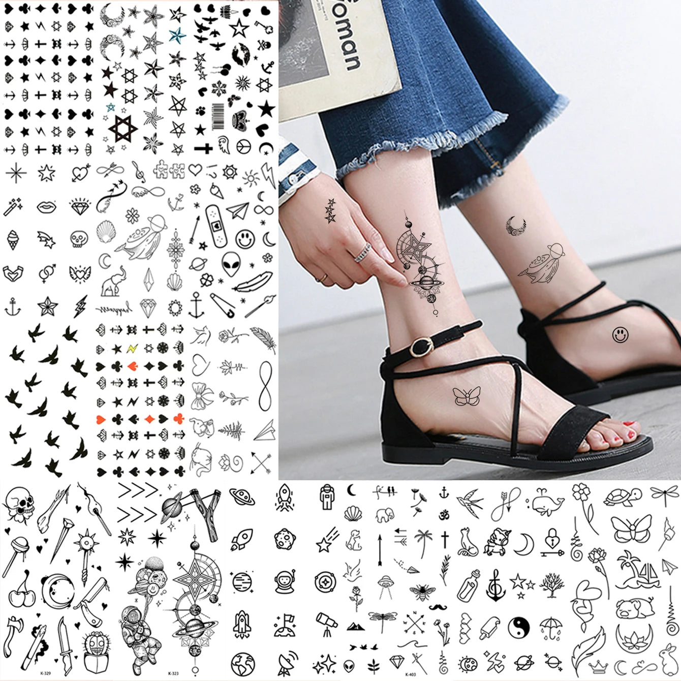 15pcs Waterproof Temporary Tattoo Sticker Starry Moon Flower Heart Flying Bird Fake Tatto Flash Tatoo finger Tato for  Women Men