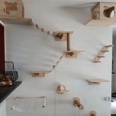 Cat Tower Cat Climbing Shelves Perch For Cat Hammock Wooden Bridge Four-step Ladders Sisal Steps & Post For Cat Play & Climb