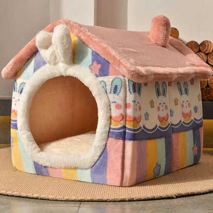 Cute Luxury Cat Villa Cat Bed Winter Warmth Fully Enclosed Removable Cushion Pillow Cat Tent Cat Dog Pet Nest Girl Pink PP Cotto
