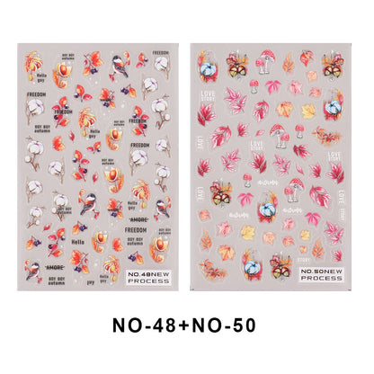 2pcs/set Autumn Maple Leaf Nail Art Sticker Bird Cotton Squirrel Mushroom Pumpkin Design Nail Decal Sliders Manicure Decoration