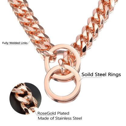 Stainless Steel Dog Chain Collar, Rose Gold Pet Necklace, Strong P Chain Choker for Small and Big Dogs, 15mm Width