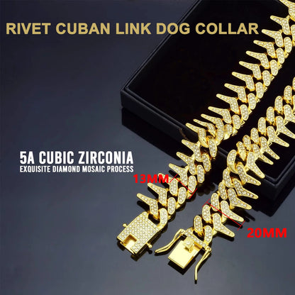 13mm Bling Diamond Chain Dog Cat Collar with Spiked Rivet Design, Luxury Gold Cuban Link Dog Collar for Small Medium Large Dogs