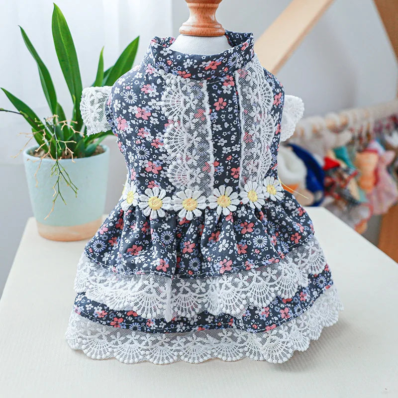 Floral Summer Clothes for Small Dogs Short Sleeve Lace Pink Sphinx Cat Dresses Princess Party Wear Breathable Pet Clothing